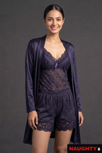 3 Piece Stretch Net & Silky Satin Navy Blue Lingerie Set