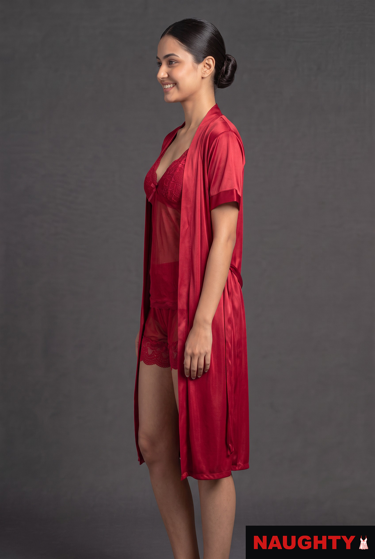 3 Piece Stretch Net & Silky Satin Red Lingerie Set