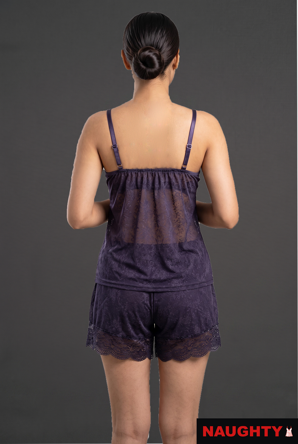 3 Piece Stretch Net & Silky Satin Navy Blue Lingerie Set