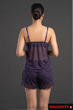 3 Piece Stretch Net & Silky Satin Navy Blue Lingerie Set