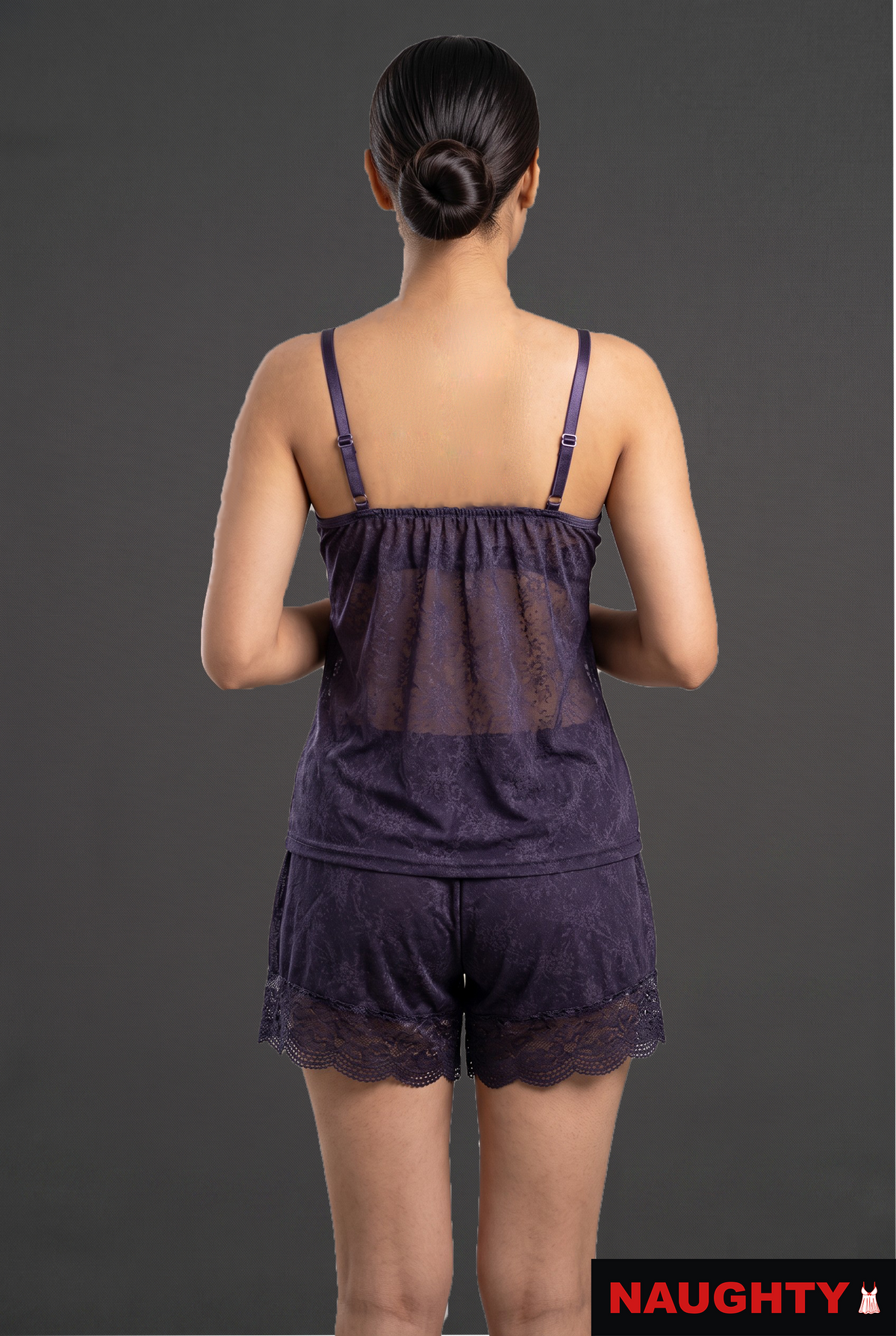 3 Piece Stretch Net & Silky Satin Navy Blue Lingerie Set