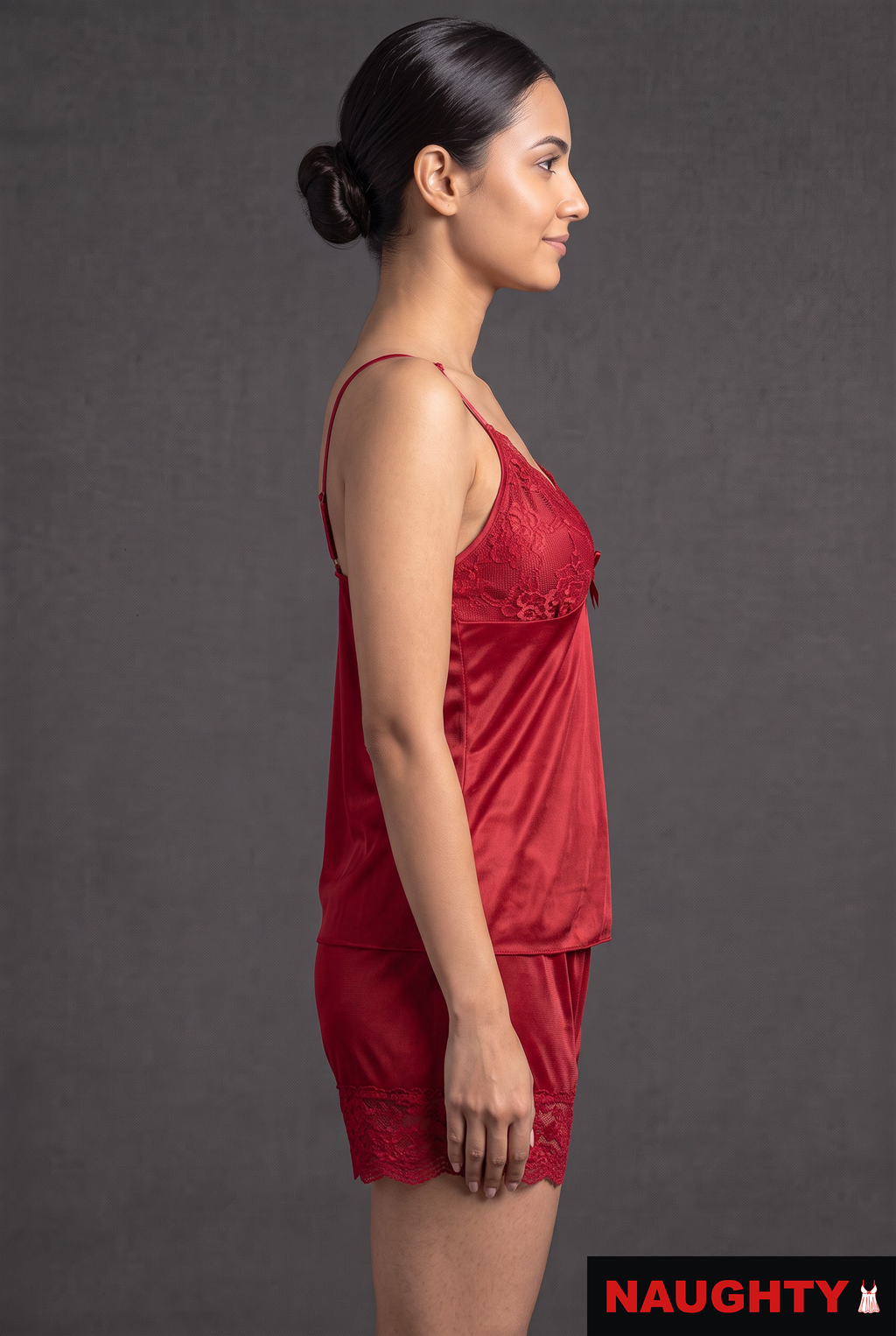 3 Piece Stretch Net & Silky Satin Red Lingerie Set