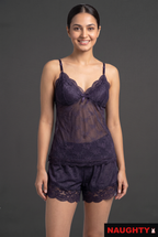 3 Piece Stretch Net & Silky Satin Navy Blue Lingerie Set
