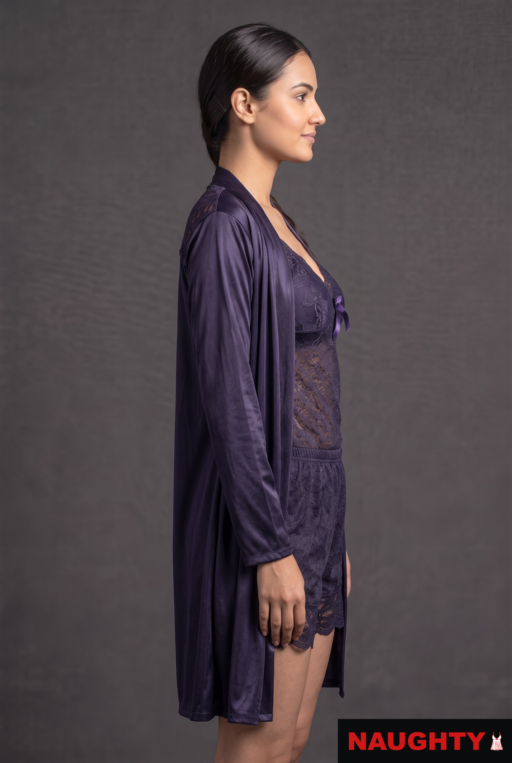 3 Piece Stretch Net & Silky Satin Navy Blue Lingerie Set