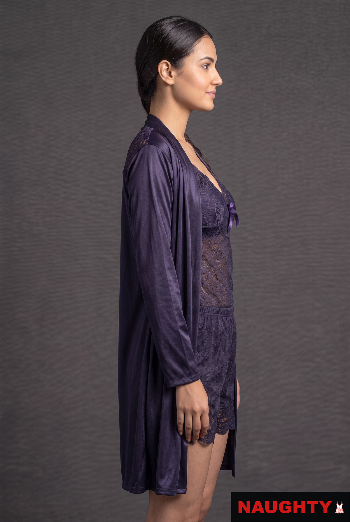 3 Piece Stretch Net & Silky Satin Navy Blue Lingerie Set