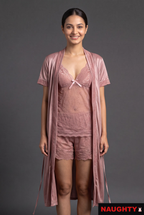 3 Piece Stretch Net & Silky Satin Pink Lingerie Set