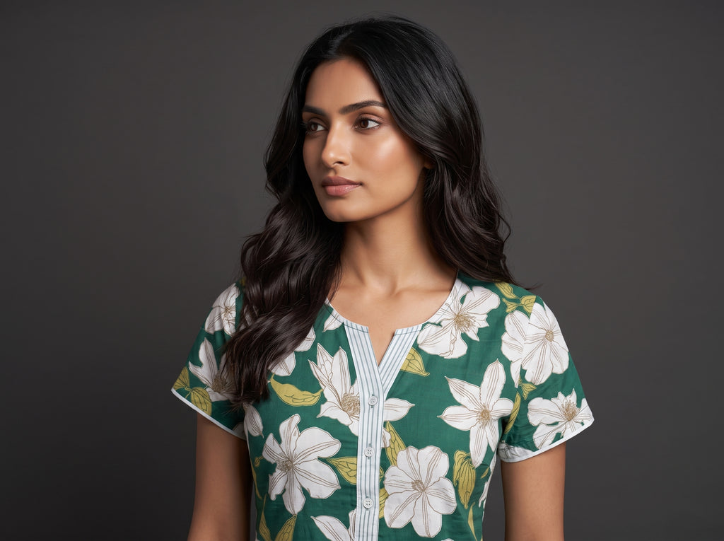 Floral Dark Green Rayon Nighty