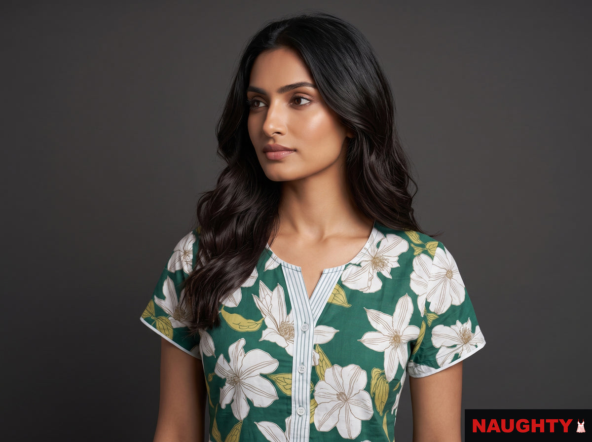 Floral Dark Green Rayon Nighty