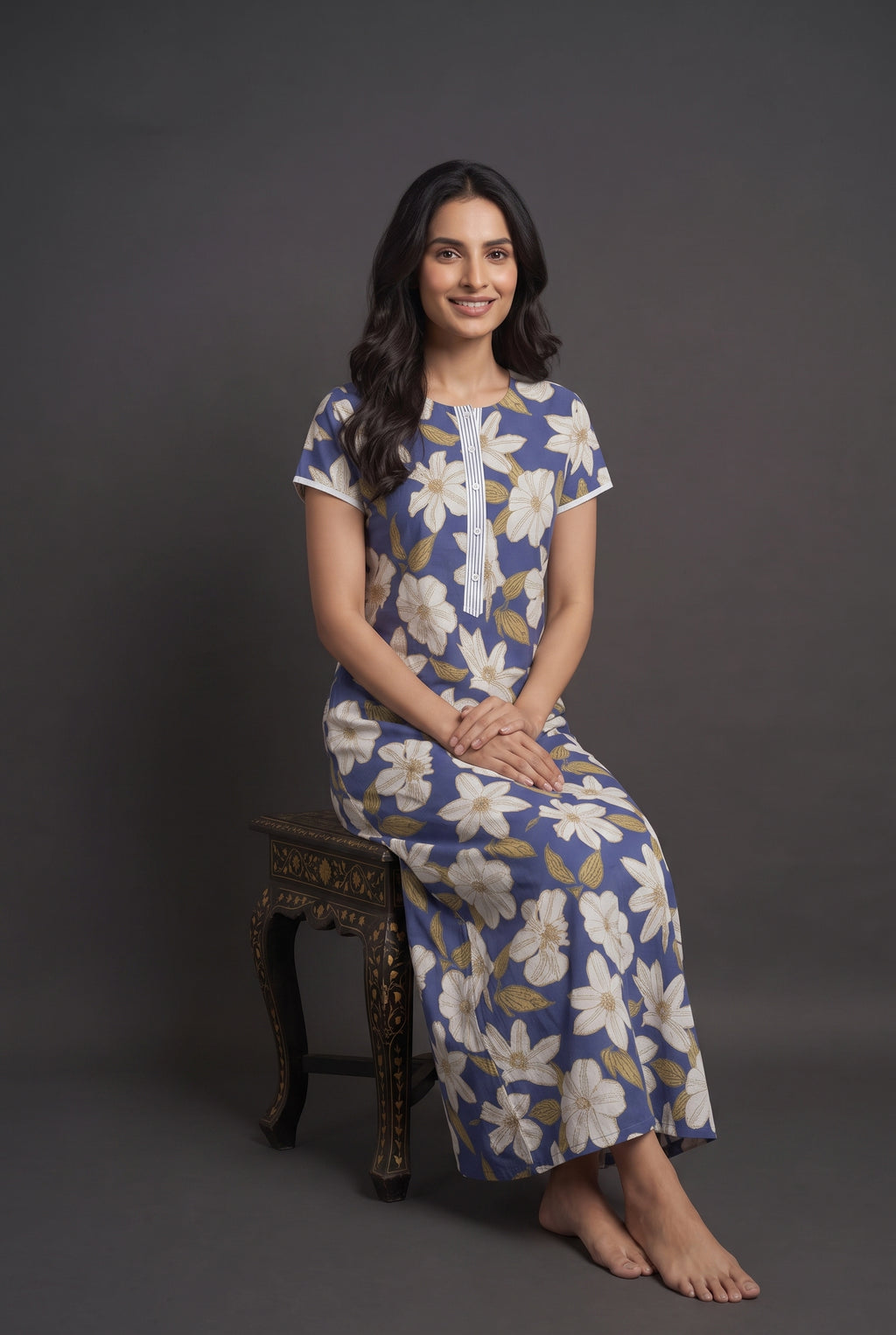 Floral Dark Blue Rayon Nighty