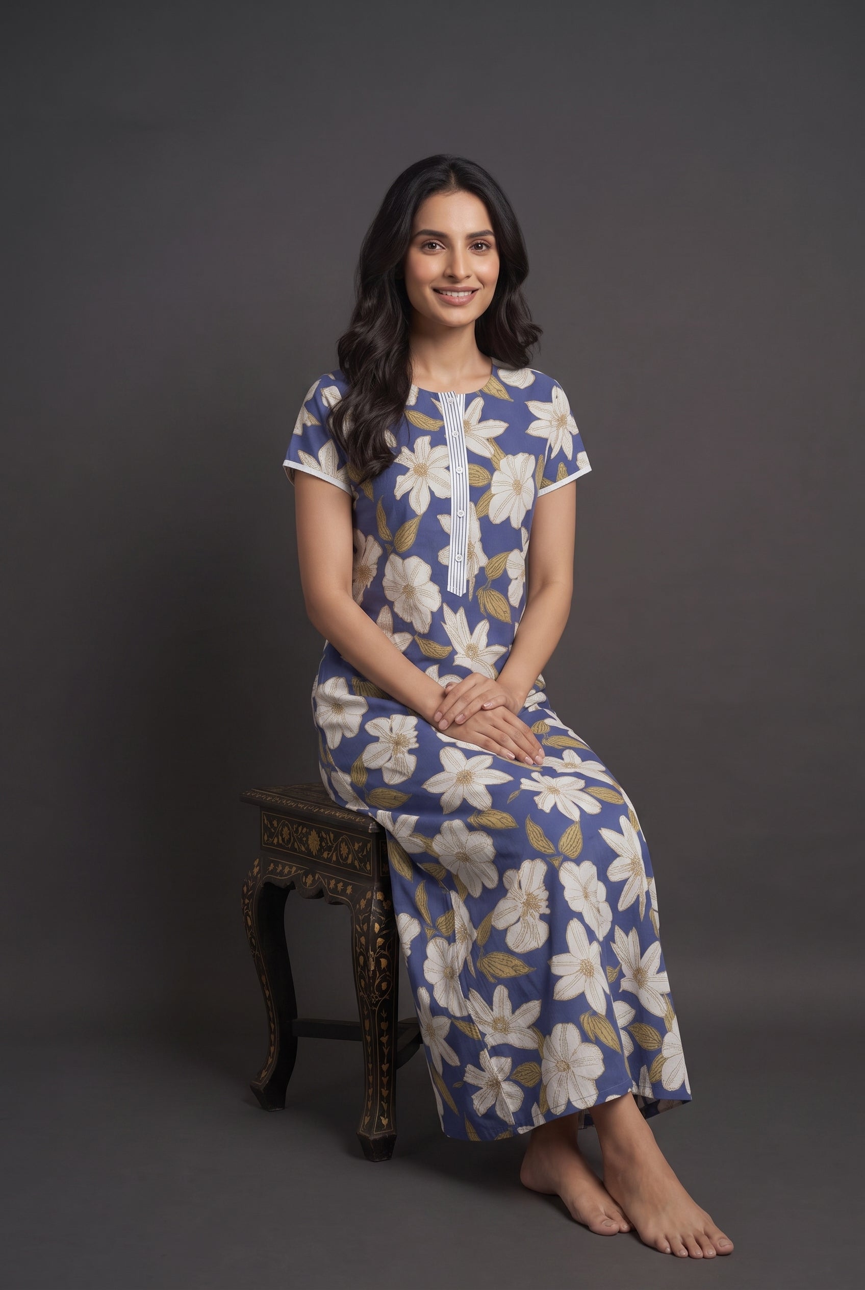 Floral Dark Blue Rayon Nighty