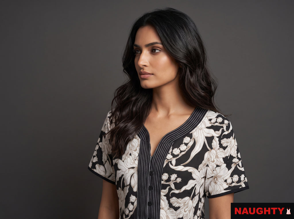 Floral Black and White Rayon Nighty