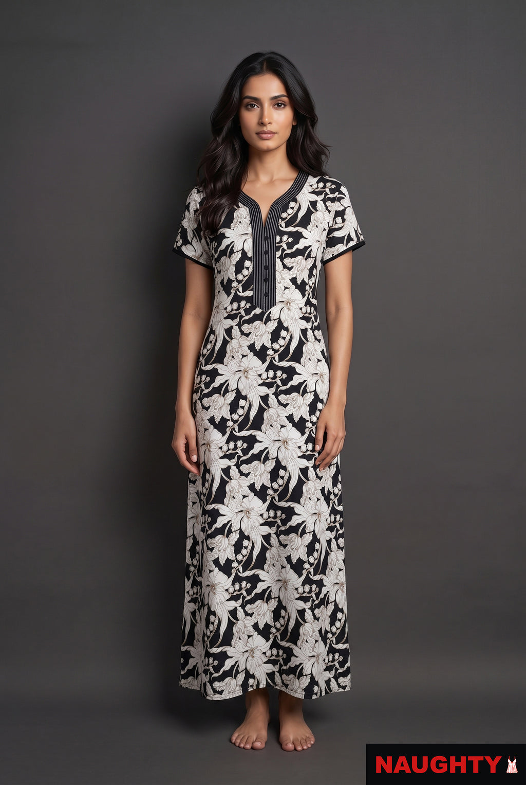 Floral Black and White Rayon Nighty