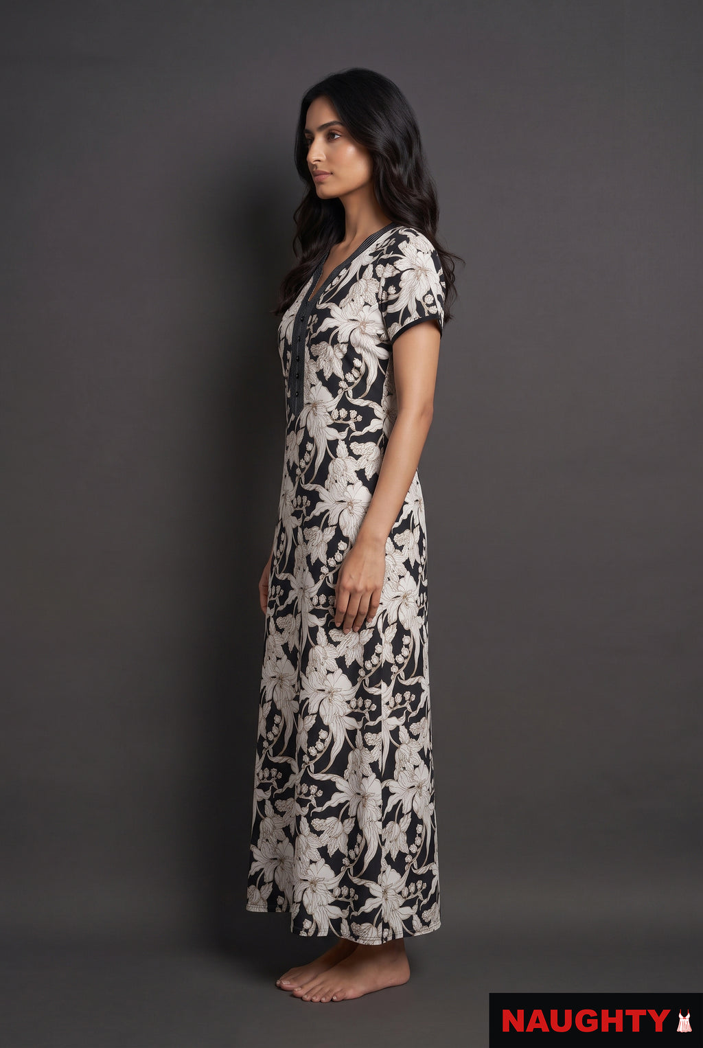 Floral Black and White Rayon Nighty
