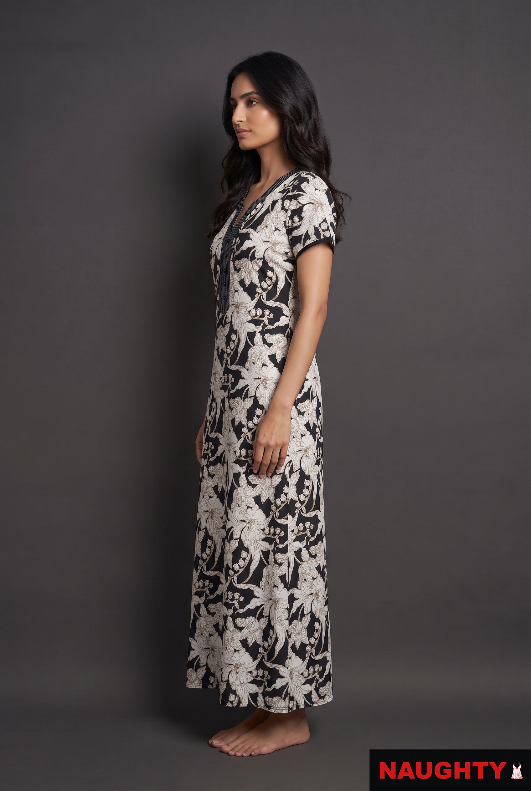 Floral Black and White Rayon Nighty