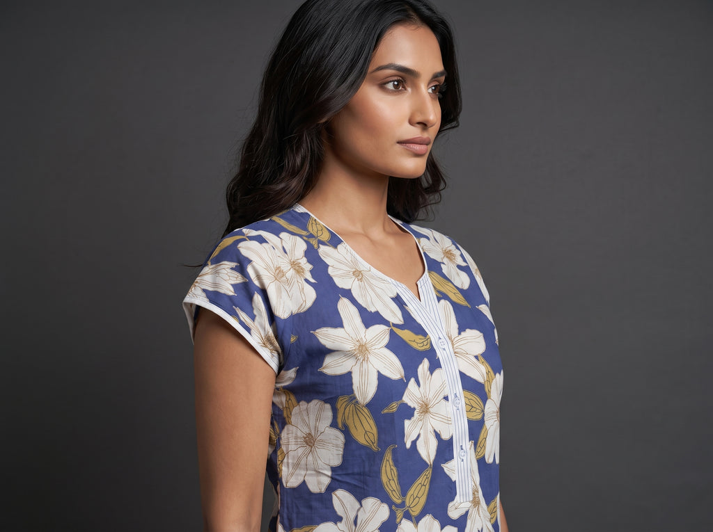 Floral Dark Blue Rayon Nighty