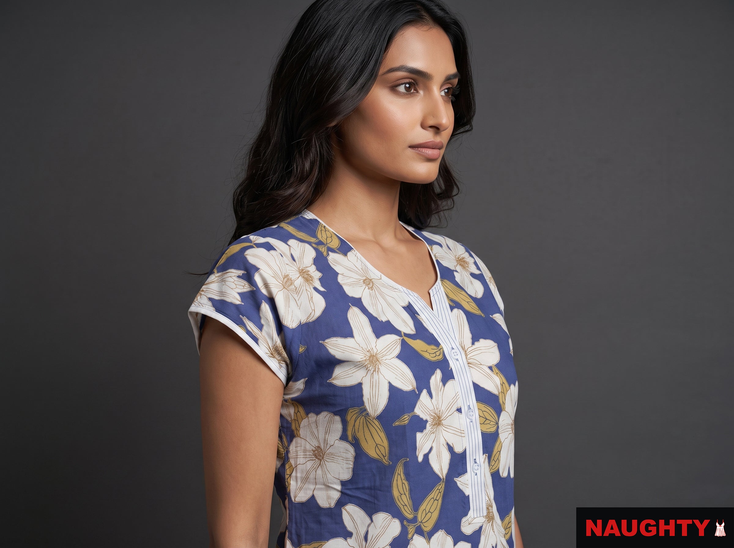 Floral Dark Blue Rayon Nighty