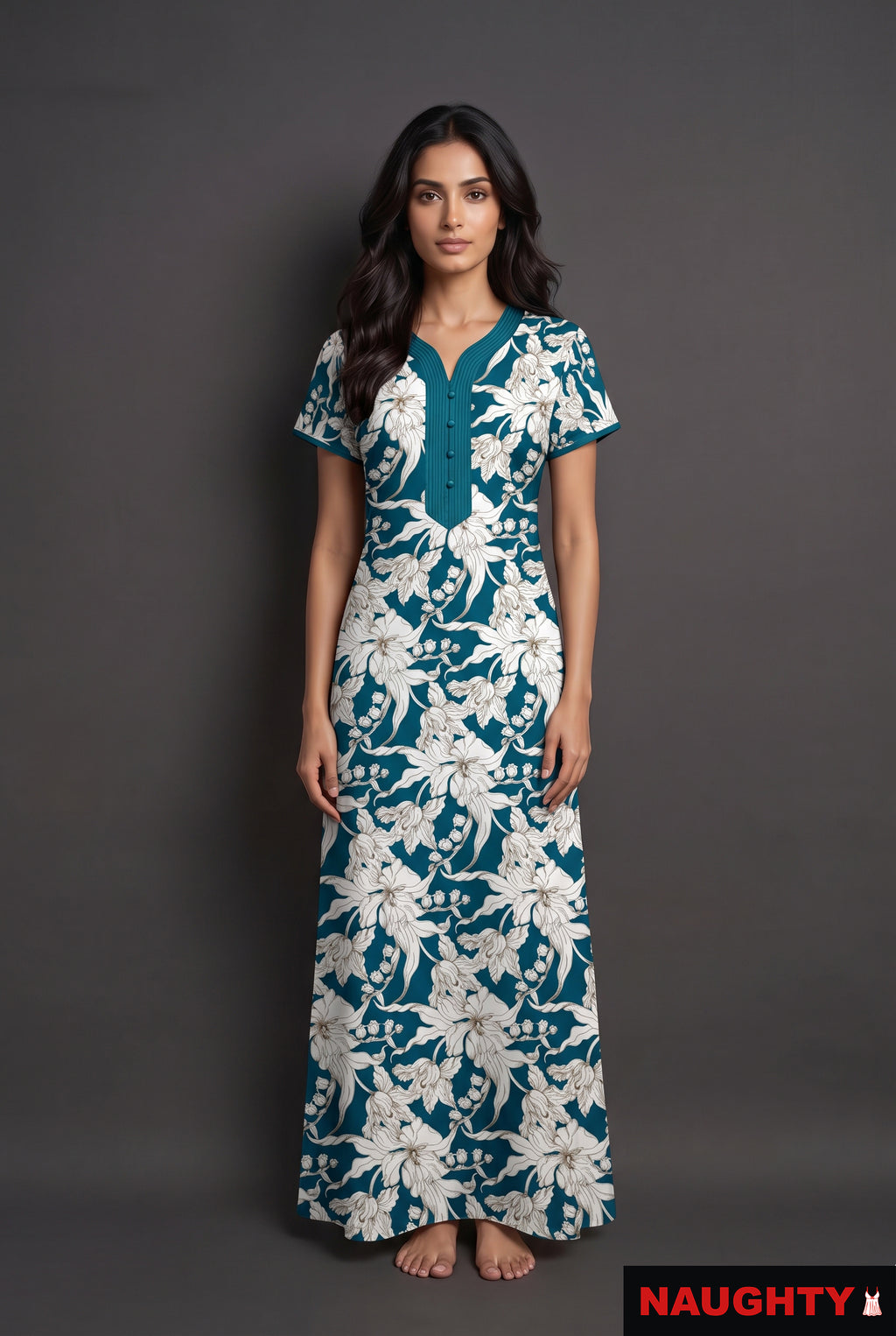 Floral Teal Blue Rayon Nighty