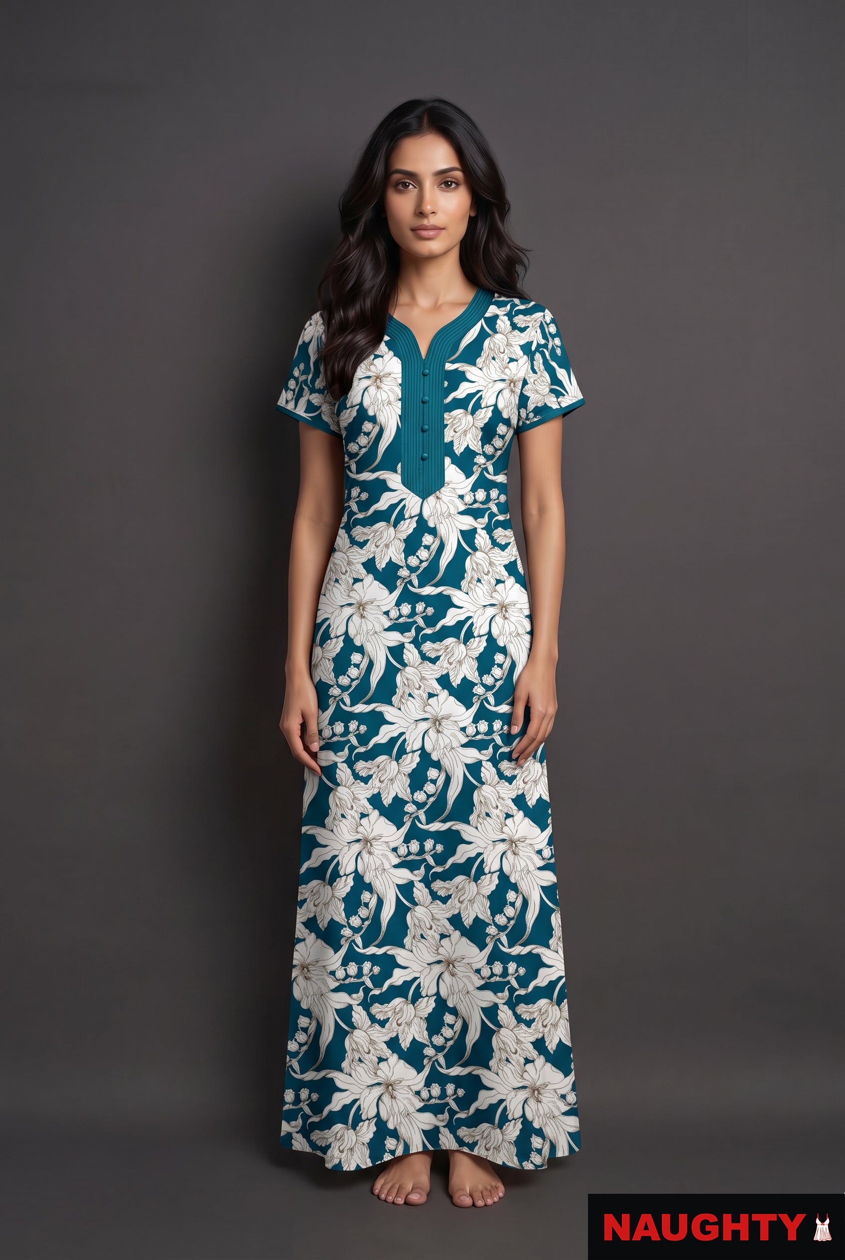 Floral Teal Blue Rayon Nighty