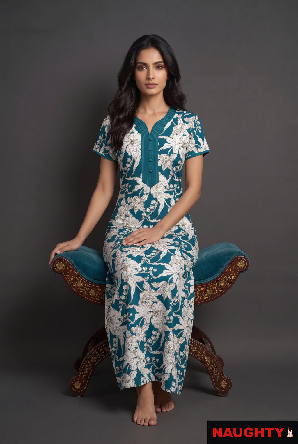 Floral Teal Blue Rayon Nighty