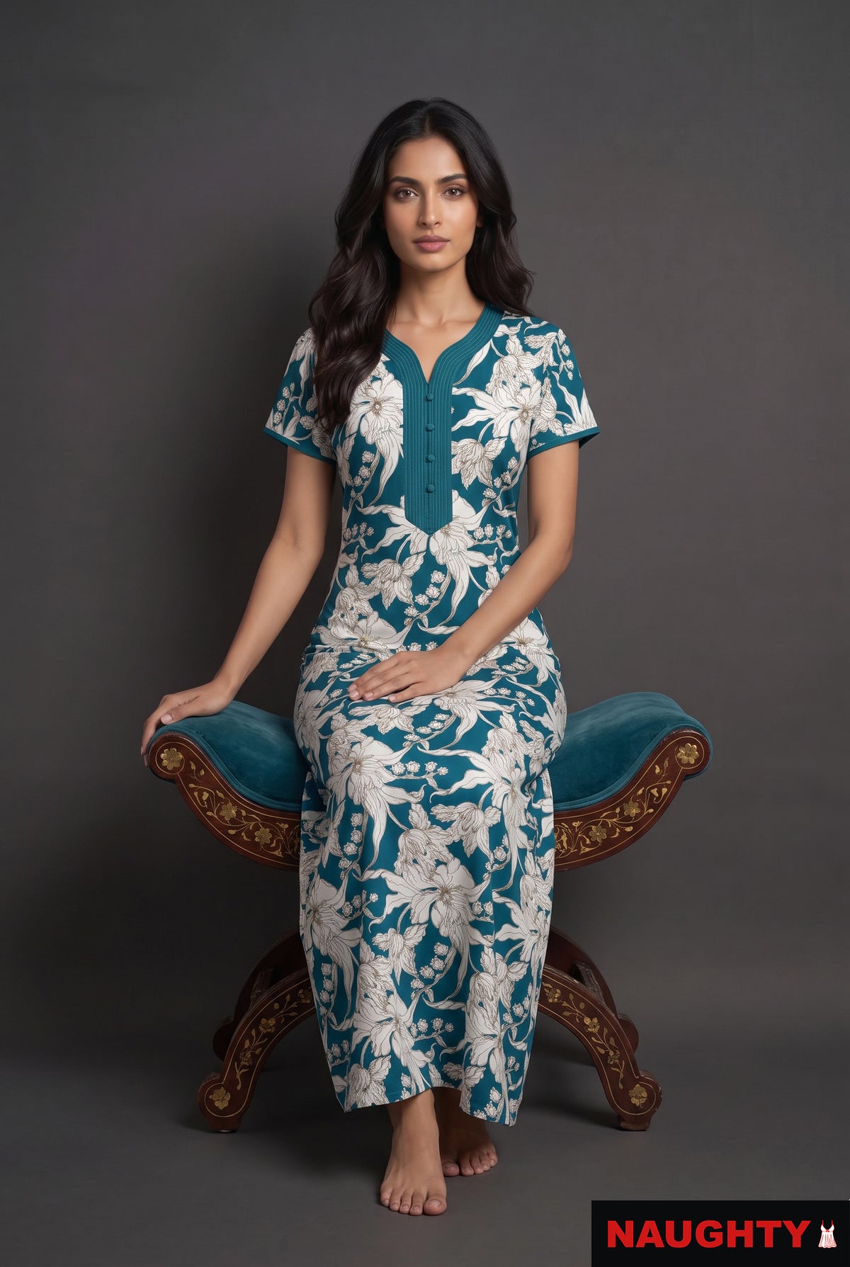 Floral Teal Blue Rayon Nighty