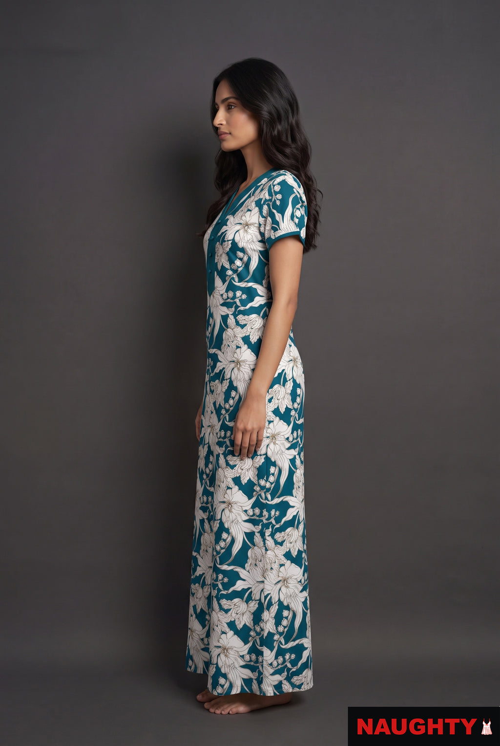 Floral Teal Blue Rayon Nighty