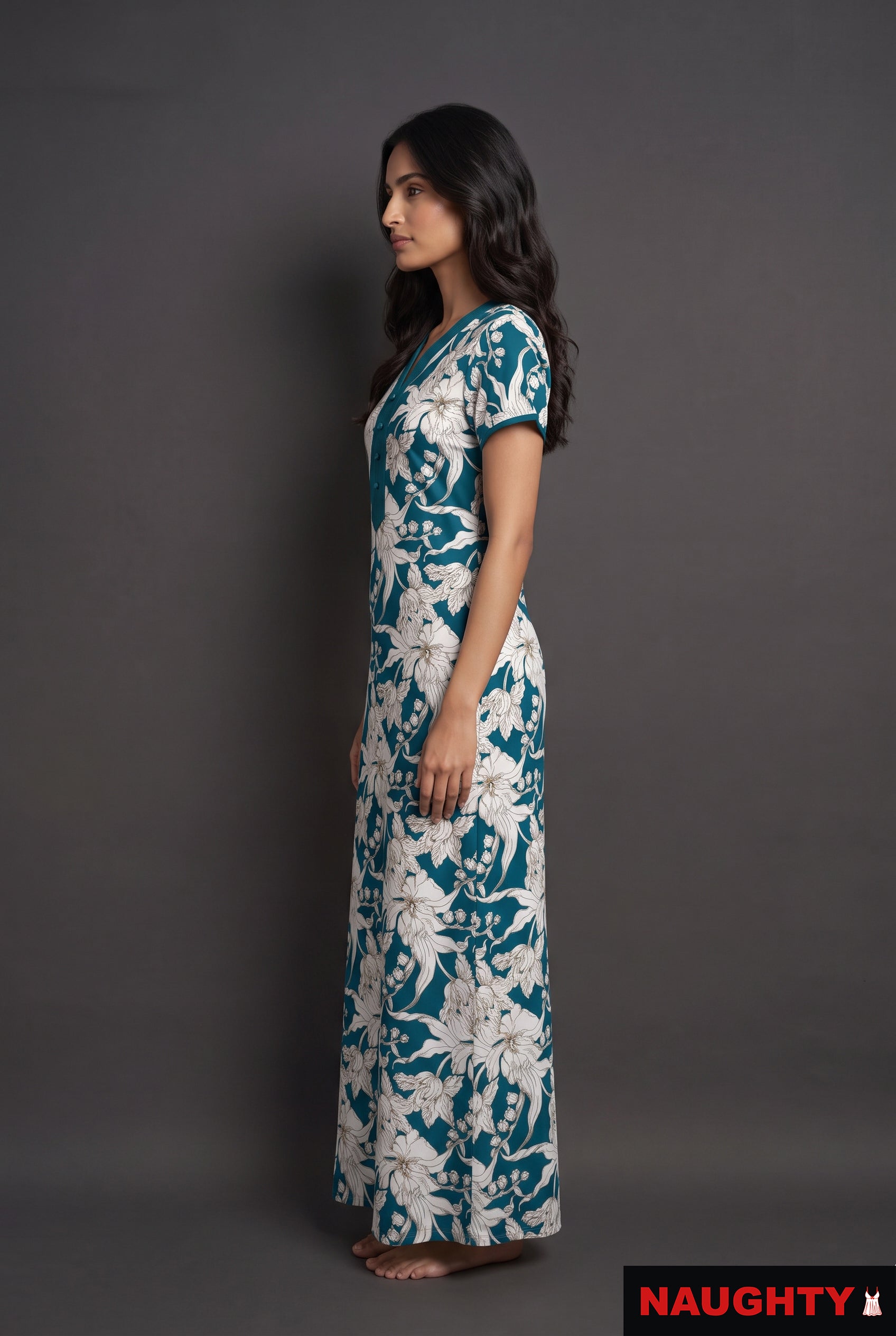 Floral Teal Blue Rayon Nighty