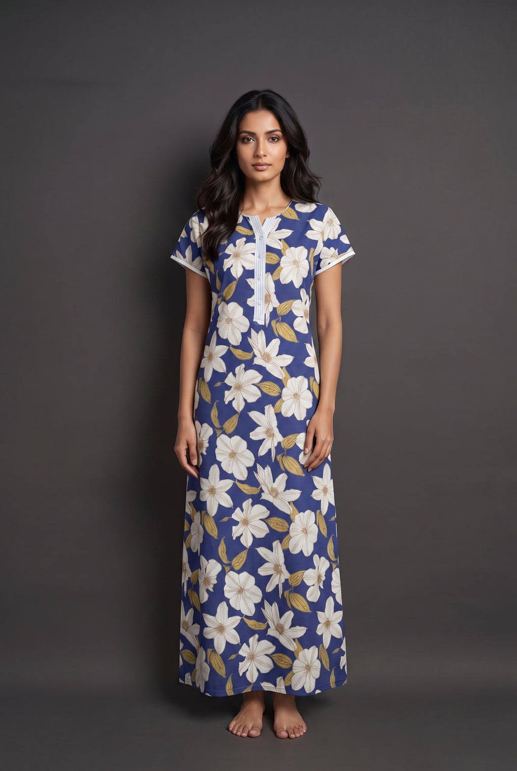 Floral Dark Blue Rayon Nighty