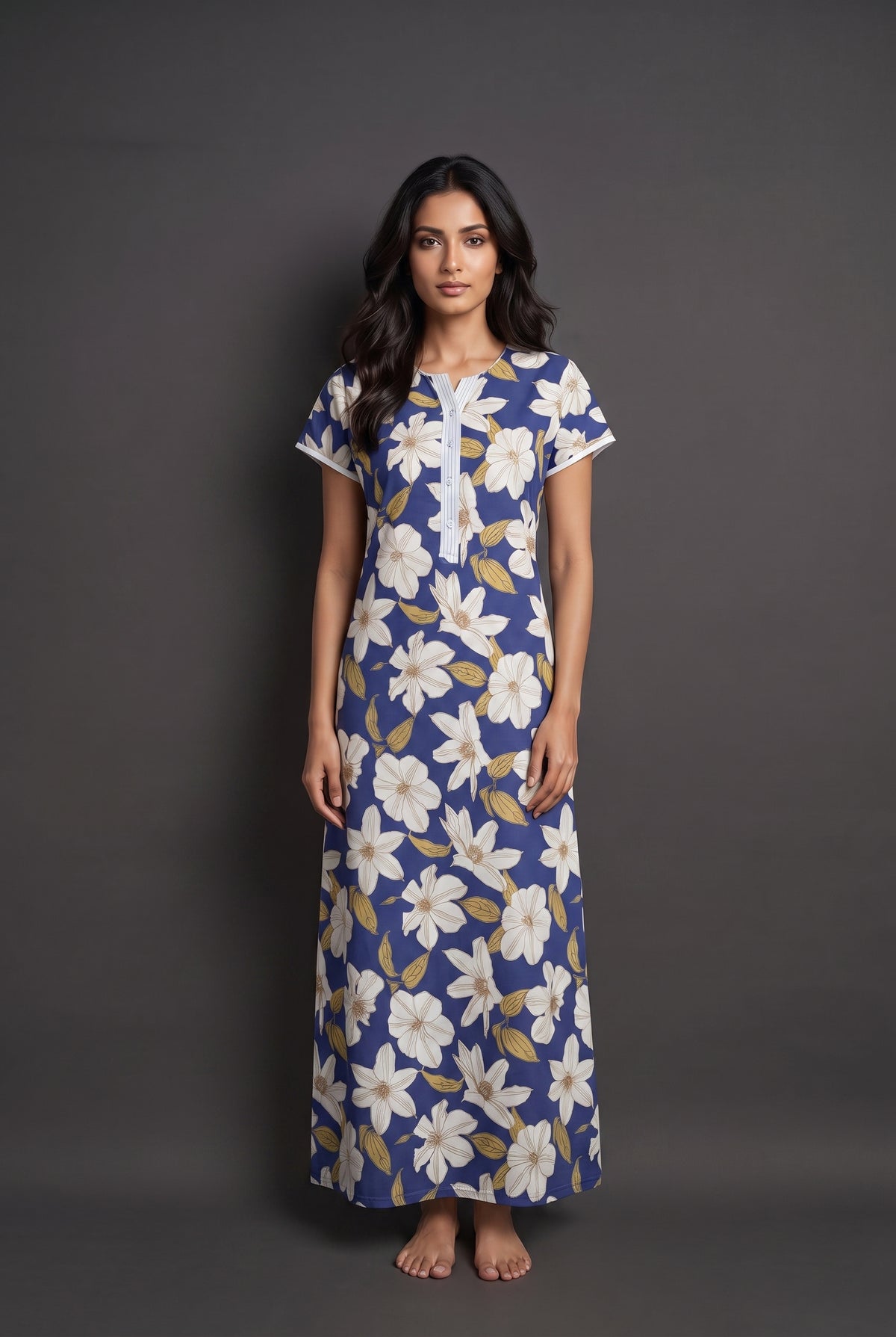Floral Dark Blue Rayon Nighty