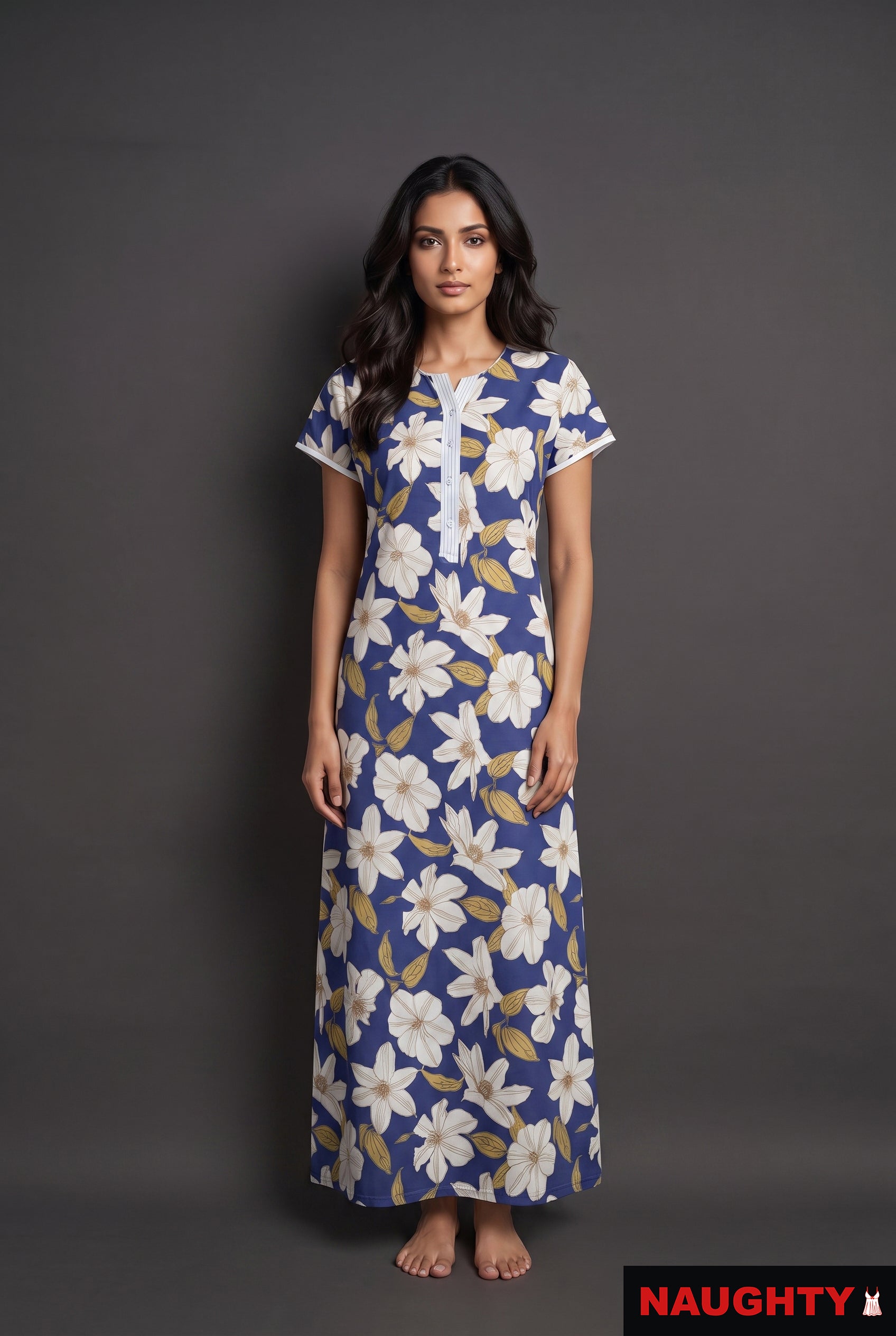Floral Dark Blue Rayon Nighty