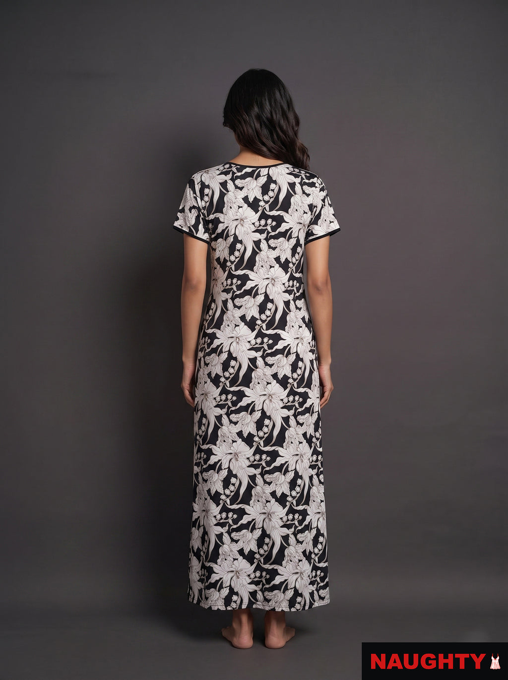 Floral Black and White Rayon Nighty