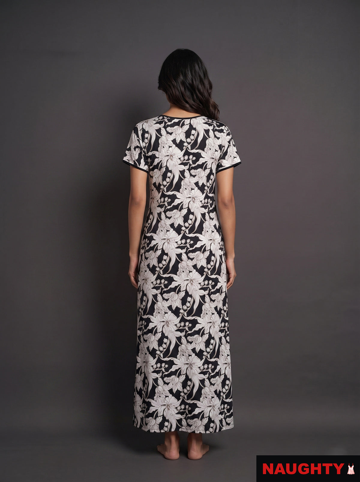 Floral Black and White Rayon Nighty