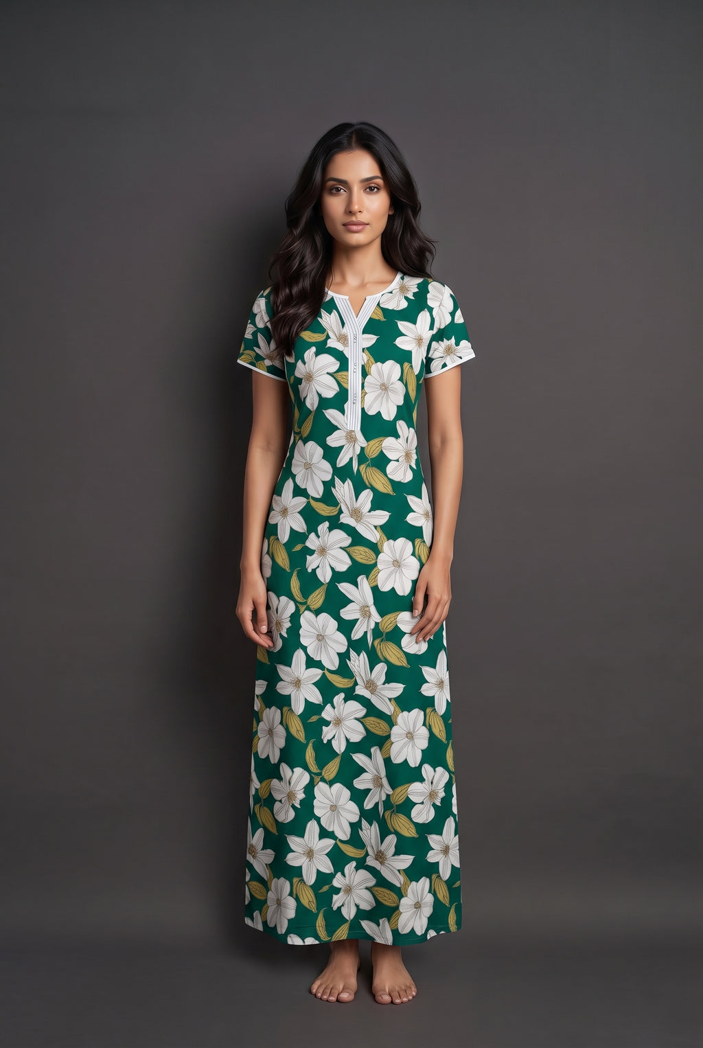 Floral Dark Green Rayon Nighty