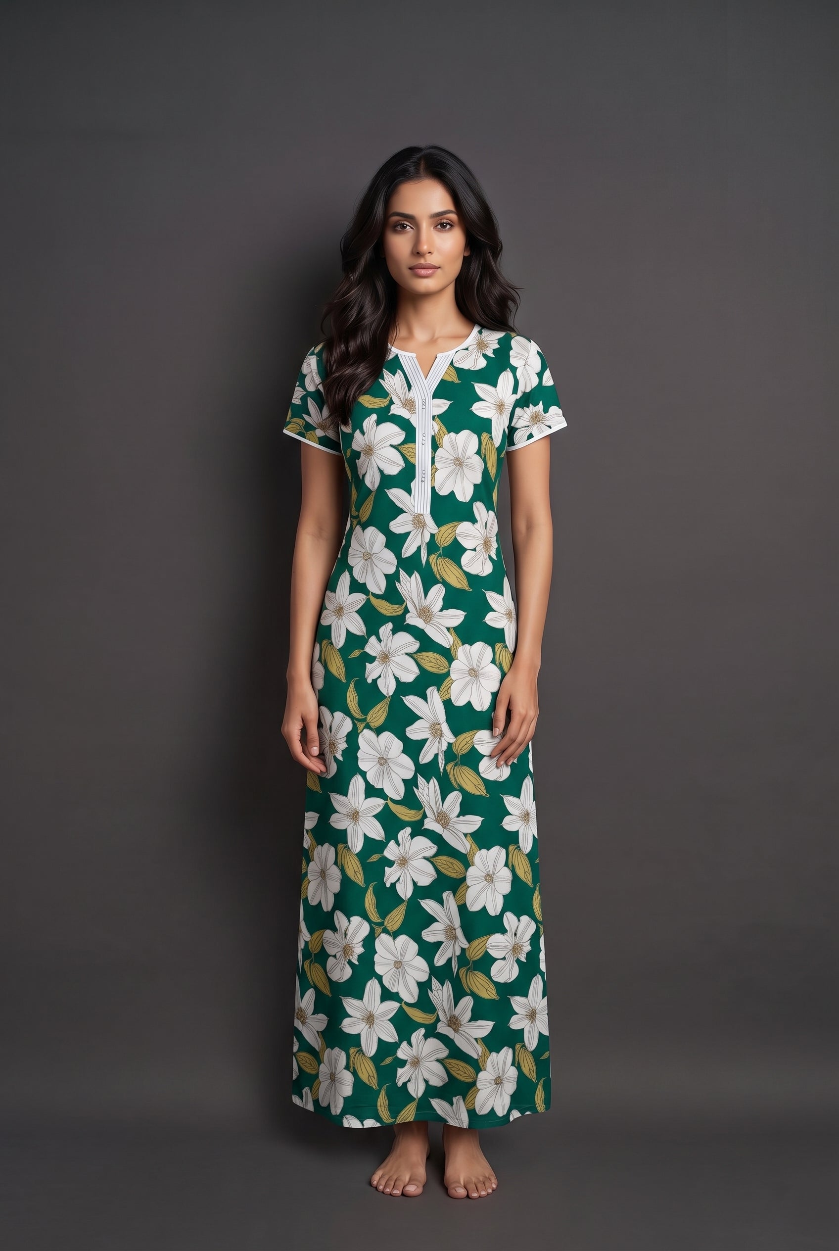 Floral Dark Green Rayon Nighty