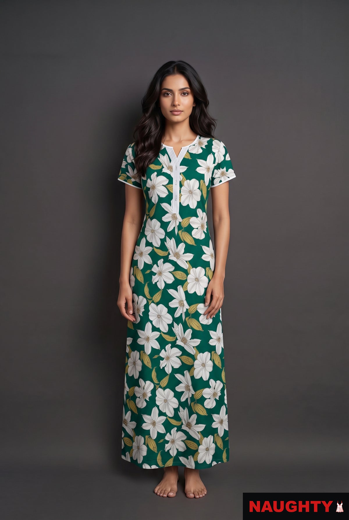 Floral Dark Green Rayon Nighty