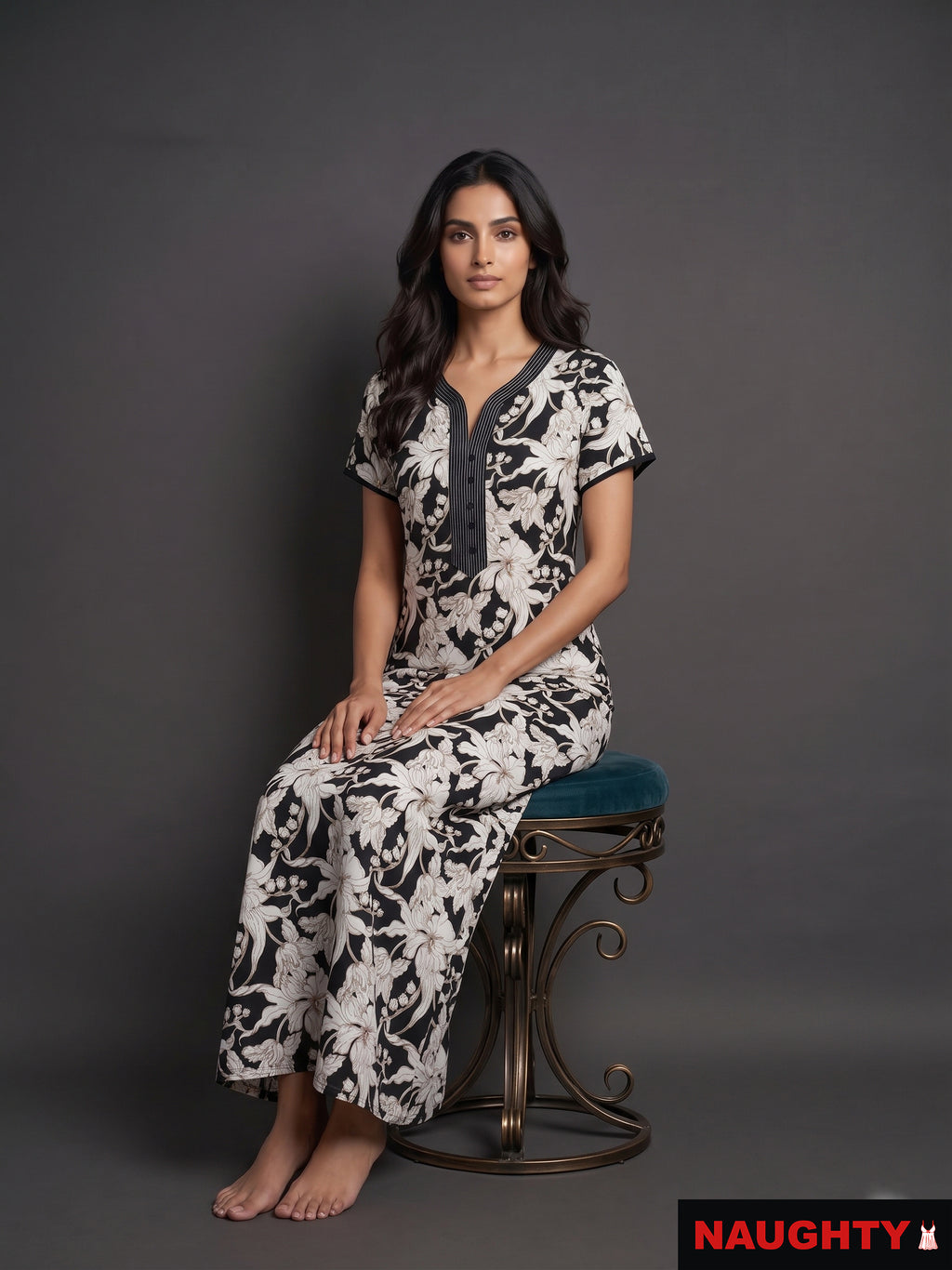 Floral Black and White Rayon Nighty