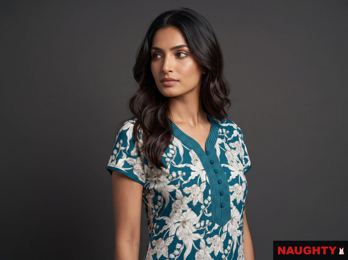 Floral Teal Blue Rayon Nighty