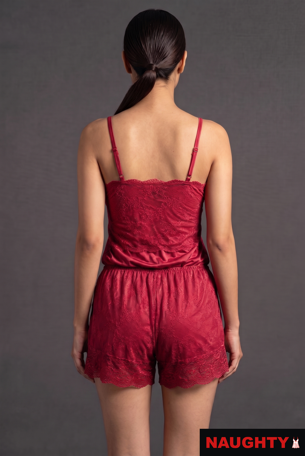 3 Piece Stretch Net & Silky Satin Red Lingerie Set