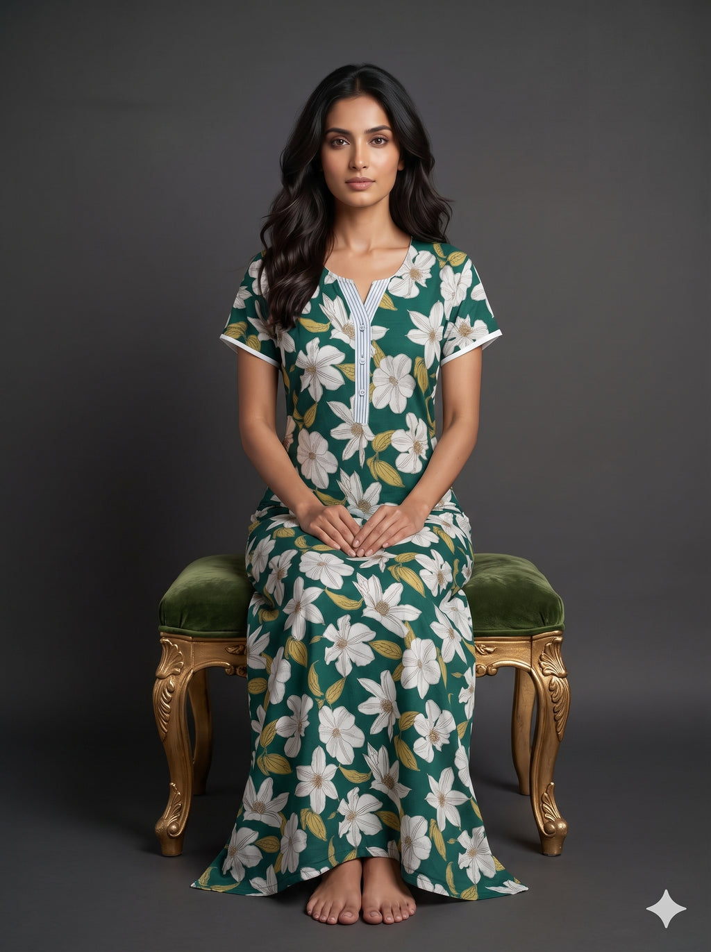 Floral Dark Green Rayon Nighty
