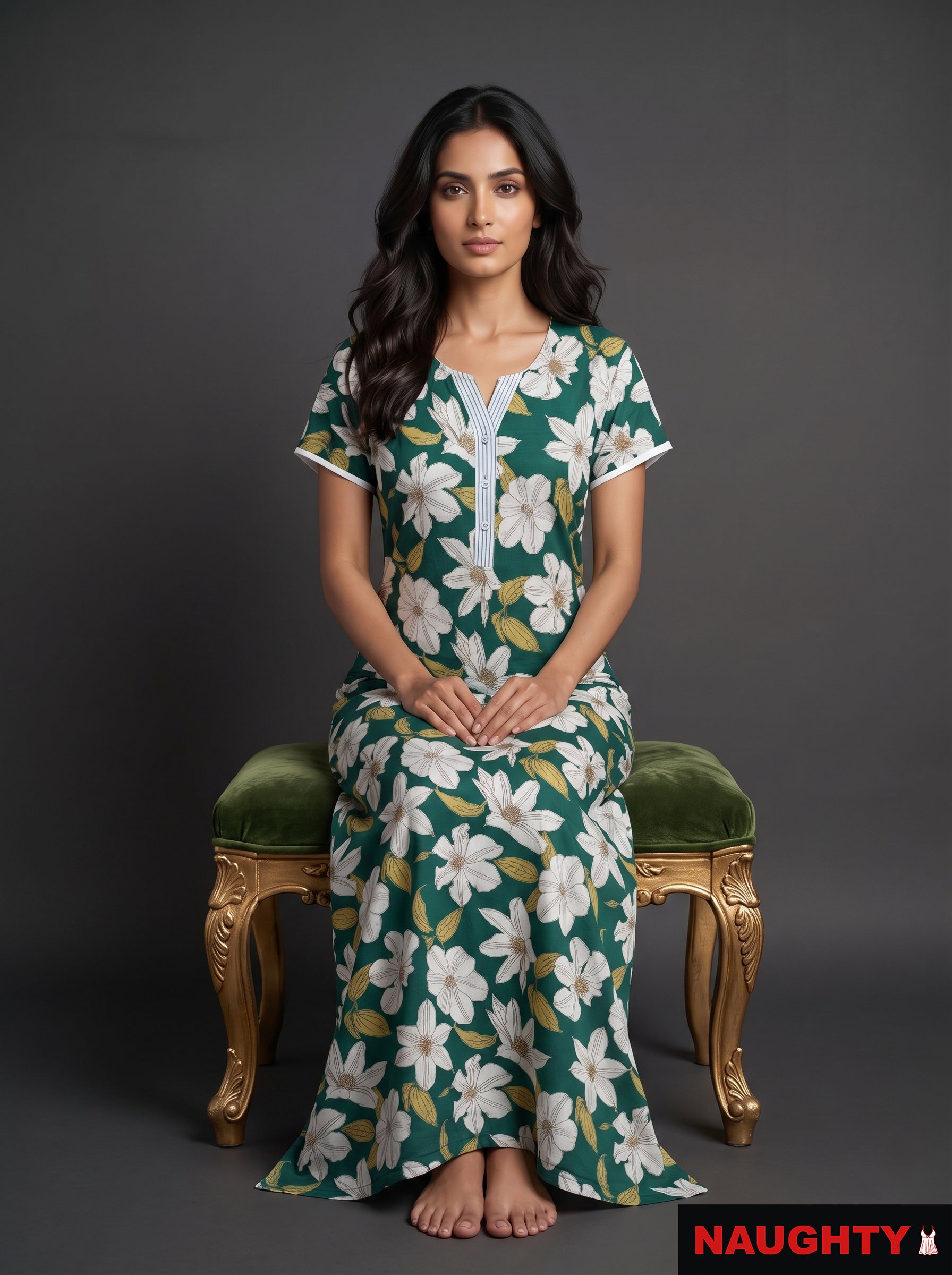 Floral Dark Green Rayon Nighty