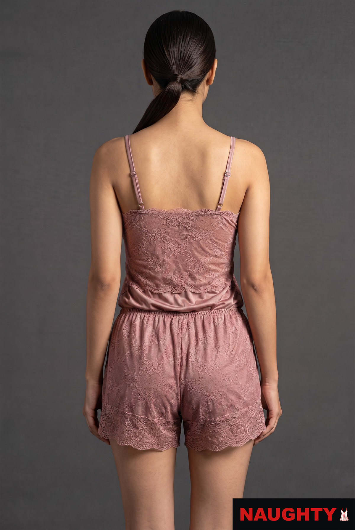 3 Piece Stretch Net & Silky Satin Pink Lingerie Set